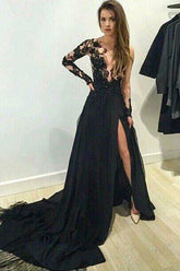 Lace Long Sleeves Side Slit Long Prom Dresses, Evening Dresses